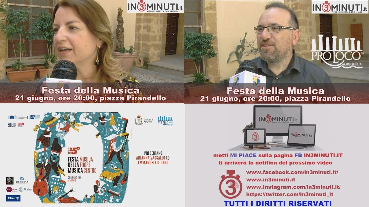 Festa della Musica, 21 giugno, ore 20, piazza Pirandello ad Agrigento, ascoltiamo il presidente della Pro Loco Cristian Vassalo ed il vicesindaco Elisa Virone, VIDEO